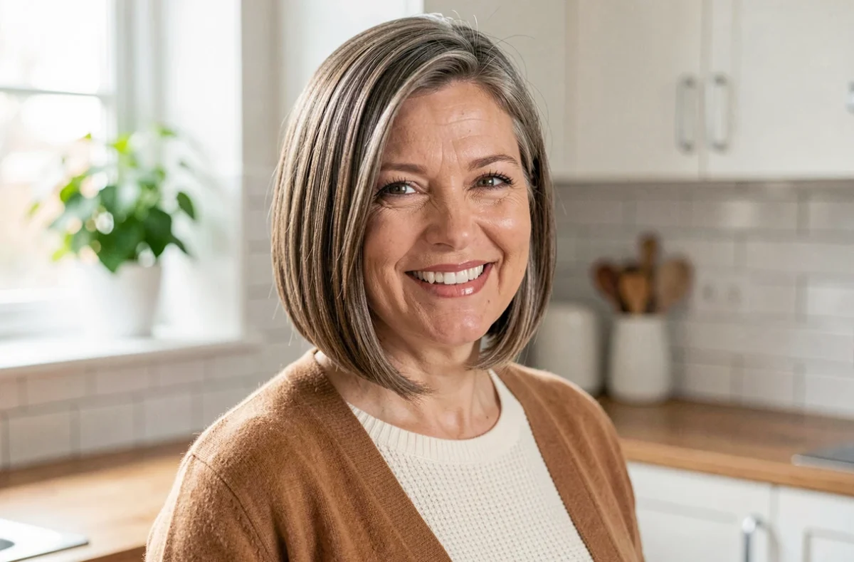 Femme 60 ans visage rond avec une coupe courte effilée sur cheveux lisses châtain gris dans une cuisine moderne