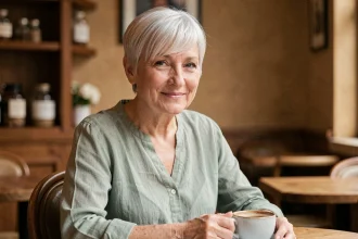 Femme de 60 ans visage rond avec une coupe pixie courte sur cheveux fins gris blancs dans un café parisien