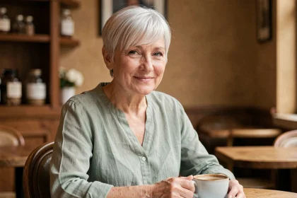 Femme de 60 ans visage rond avec une coupe pixie courte sur cheveux fins gris blancs dans un café parisien