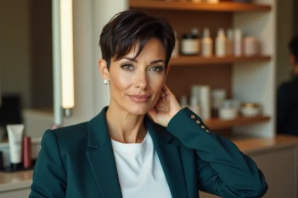 Femme aux cheveux courts en coupe pixie texturée avec frange asymétrique, style coiffure de caractère 2026
