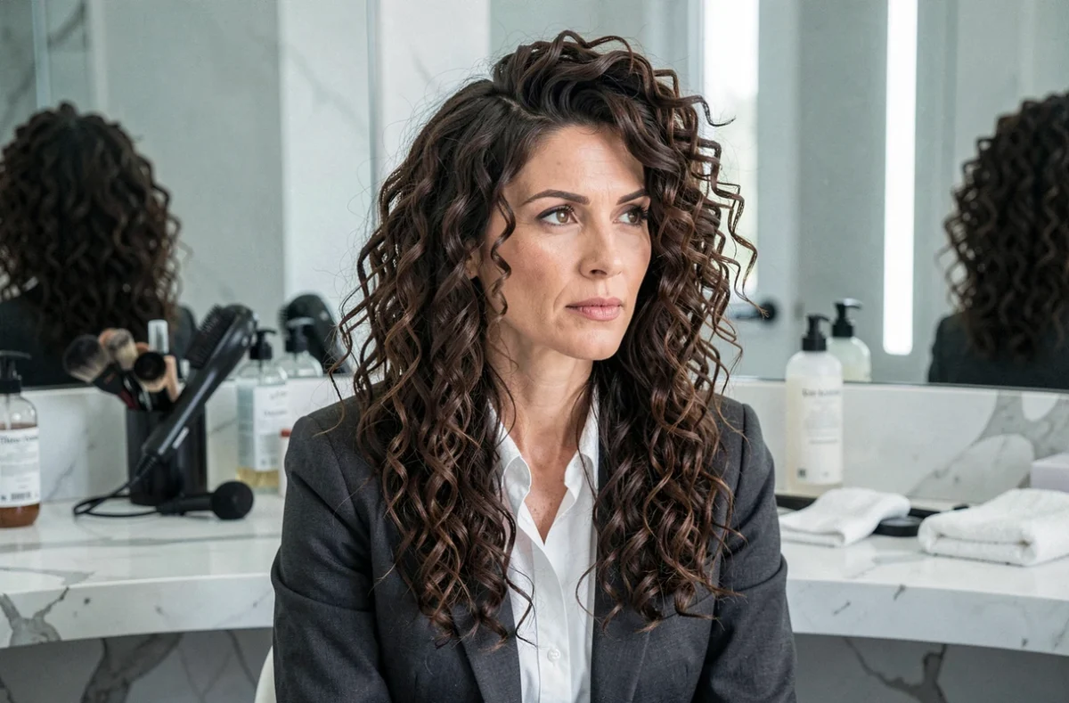 Femme mature avec une coupe wolf cut sur cheveux longs et bouclés pour réduire le volume à la racine dans une salle de bain moderne