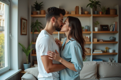 Jeune couple s’embrassant dans un intérieur cosy