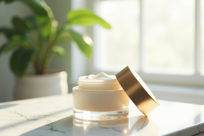 Verre de creme hyaluronique ouverte sur un comptoir en marbre blanc