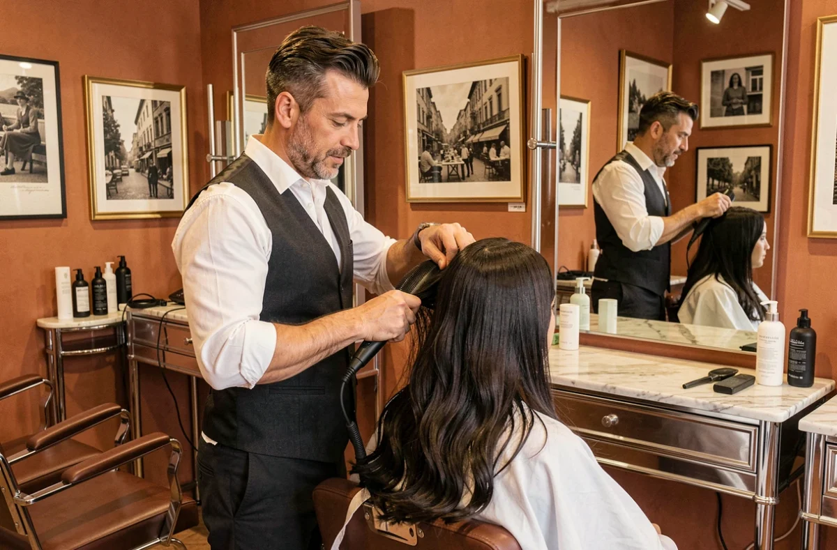 Coiffeur élégant séchant les cheveux d'une cliente dans le salon D'Alberto Coiffure à Strasbourg