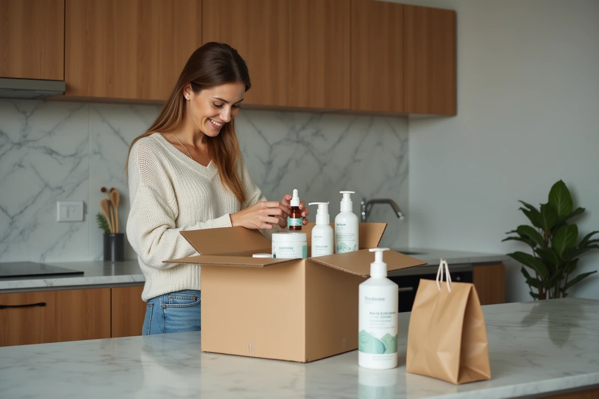 Femme déballant sa première commande Zaturelle de produits naturels dans une cuisine moderne