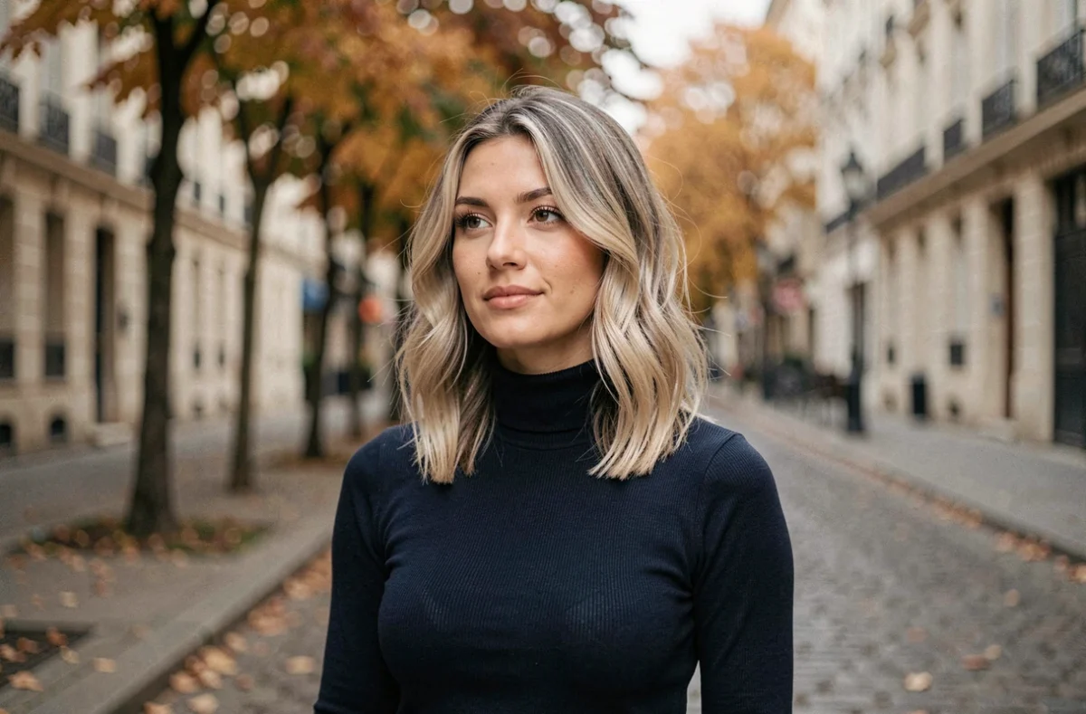 Femme aux cheveux mi-longs dégradés en vagues naturelles portant un col roulé marine dans une rue pavée en automne