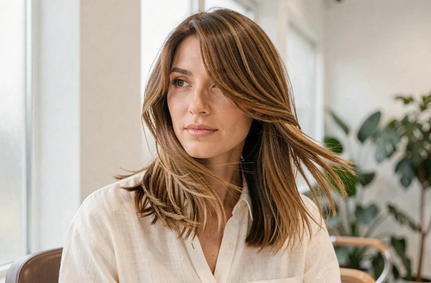 Femme aux cheveux mi-longs avec un dégradé structuré qui affine le visage, photographiée dans un salon de coiffure moderne