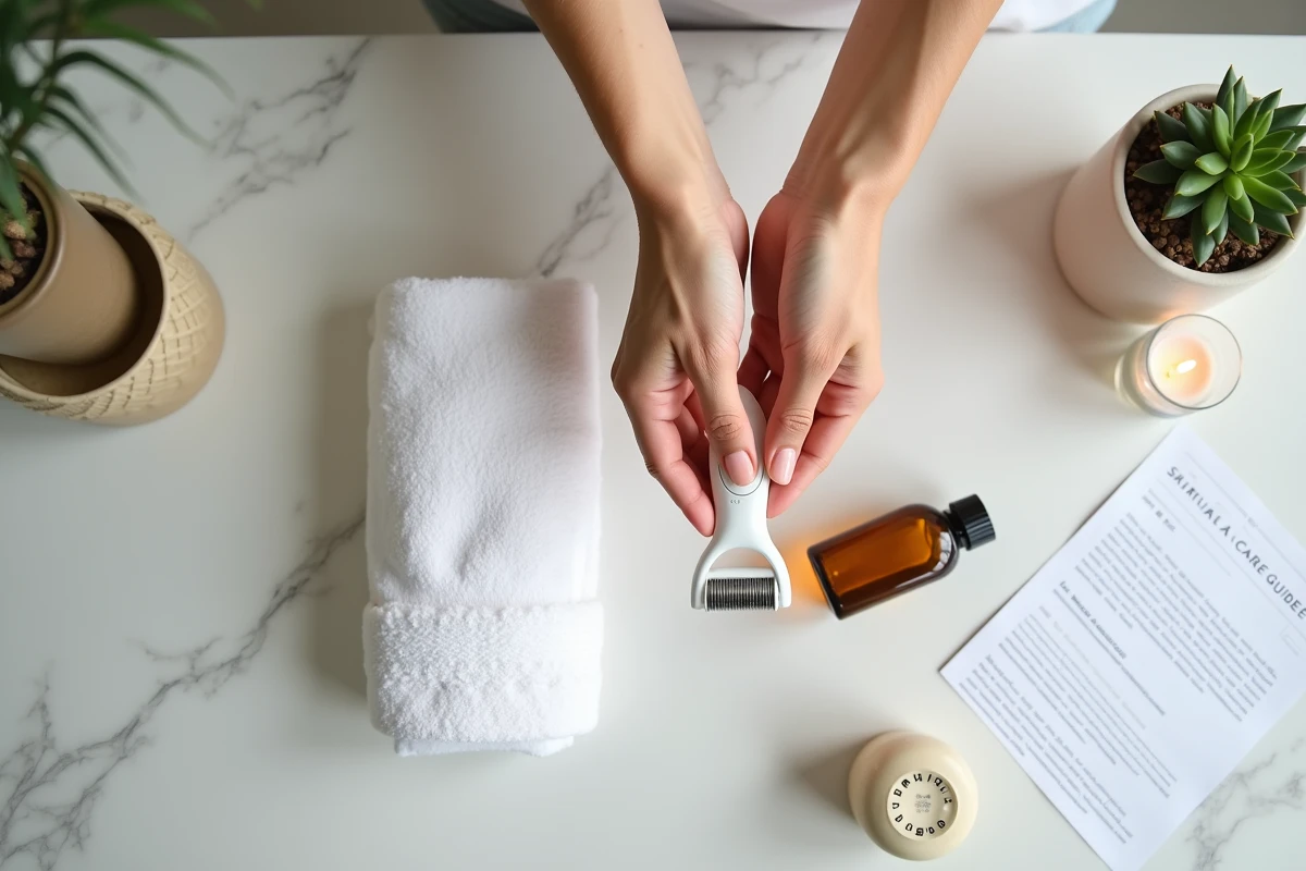 Dermaroller pour cheveux posé sur un comptoir en marbre avec sérum capillaire et accessoires de soin, vue de dessus