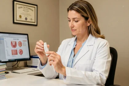 Dermatologue féminine examinant un tube de crème cosmétique dans son cabinet médical