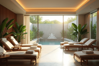 Salon spa serein avec lumière naturelle et plantes vertes