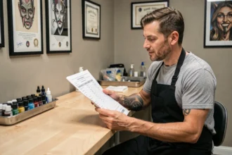 Tatoueur professionnel expliquant une grille de prix à un client dans un studio de tatouage moderne