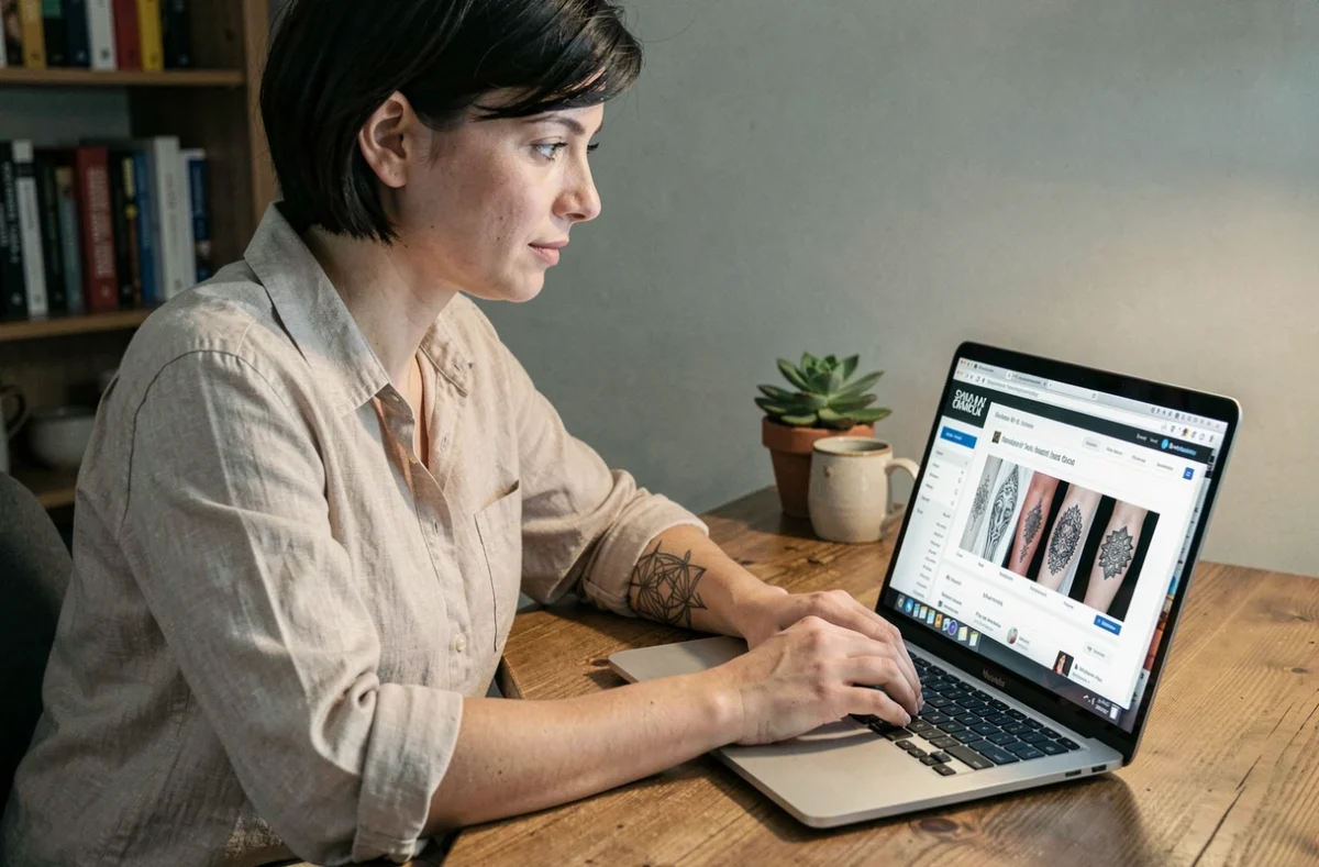 Femme recherchant le prix d'un tatouage sur un site spécialisé depuis son bureau à domicile