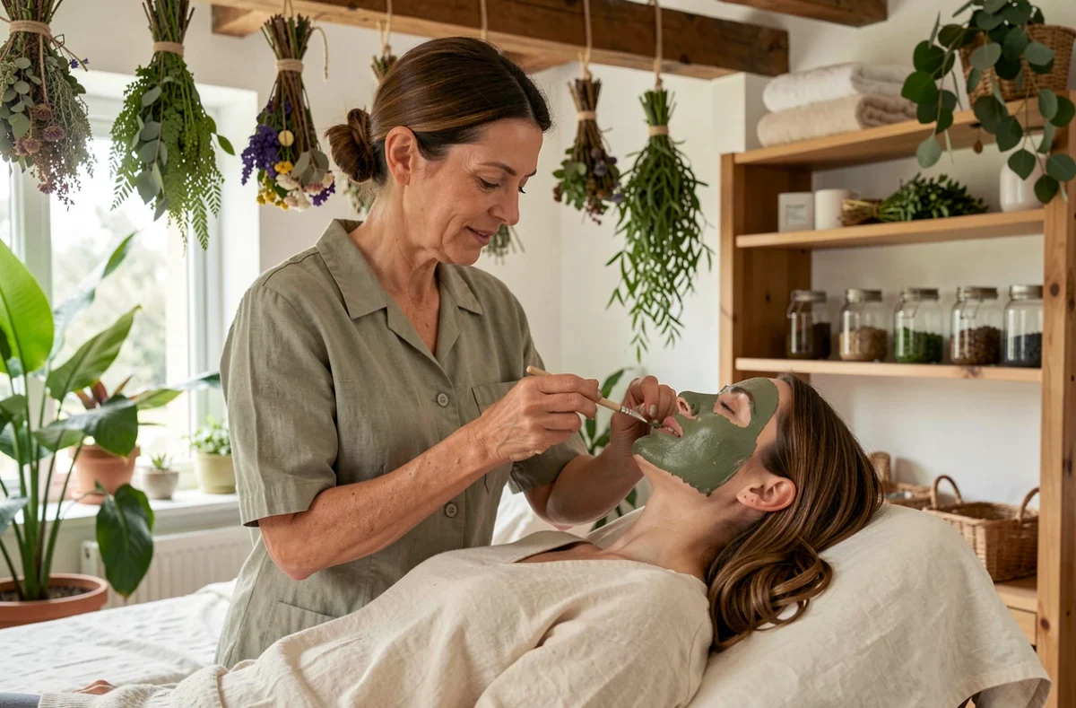 Esthéticienne d'Évasion Beauté Bio à Rennes appliquant un masque argileux bio sur une cliente dans un décor botanique naturel