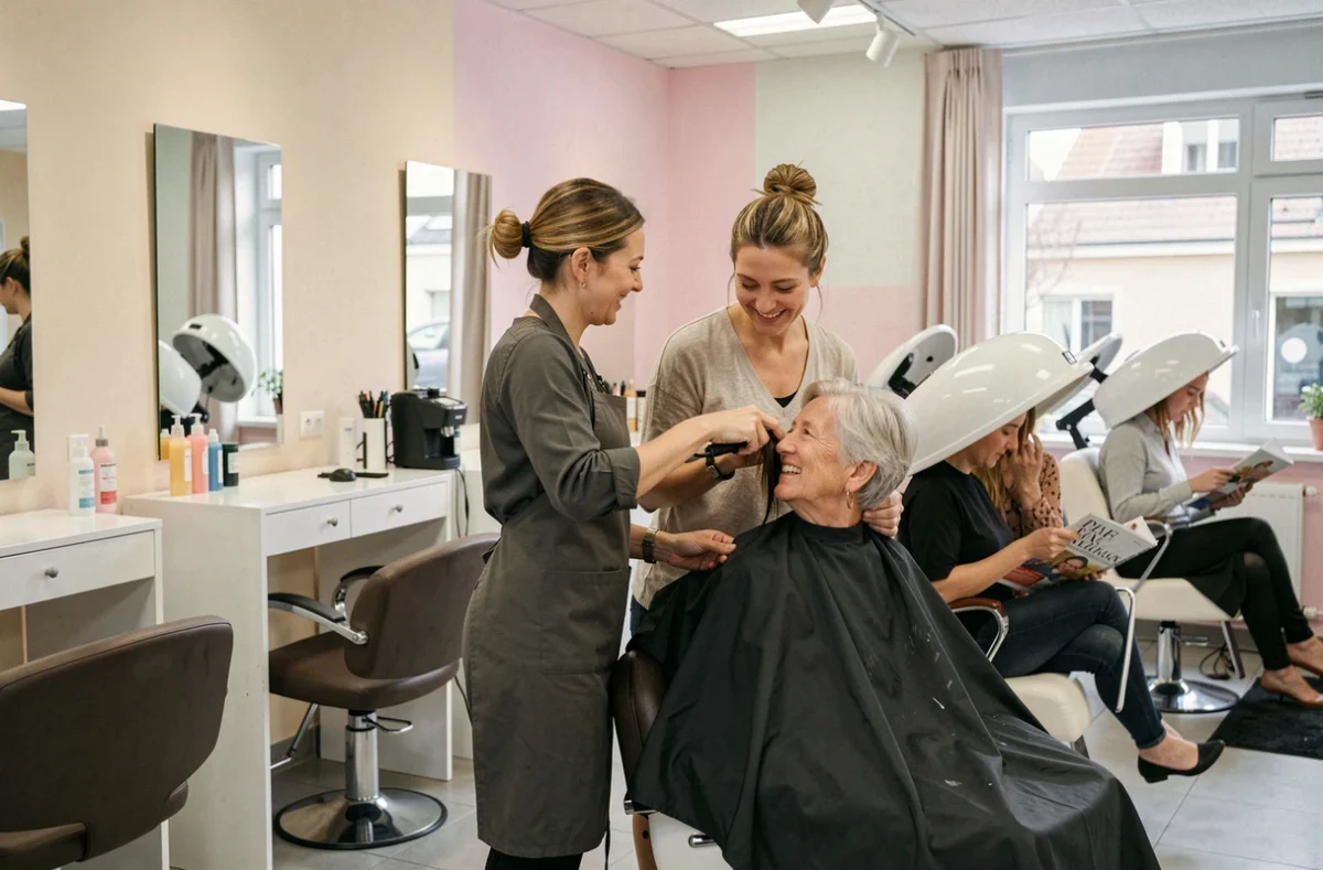 Coiffeuse réalisant une permanente sur une cliente dans le salon Femina Coiffure à Illkirch-Graffenstaden