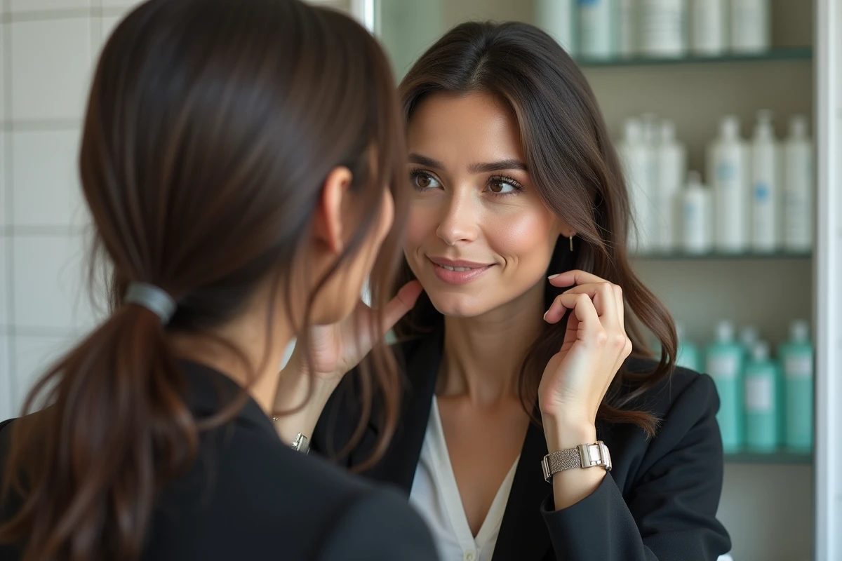 Femme ajustant une perruque en salon professionnel lumineux