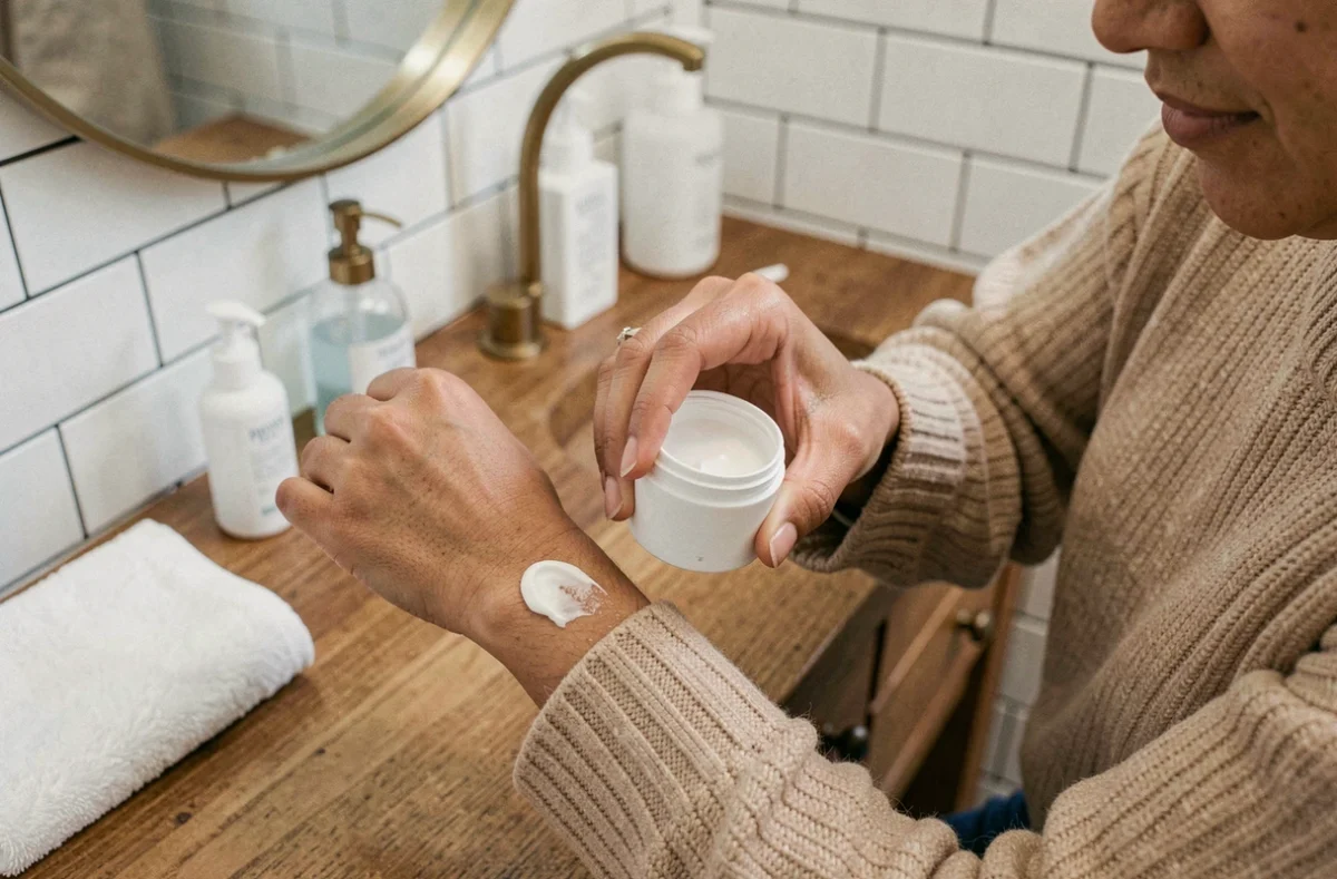 Femme appliquant une crème hydratante sur son avant-bras dans une salle de bain naturelle