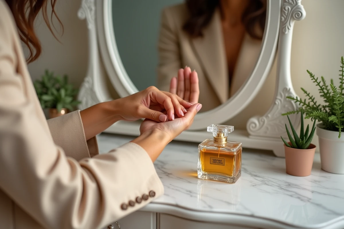 Femme appliquant un parfum Abdul Samad sur son poignet devant une coiffeuse en marbre