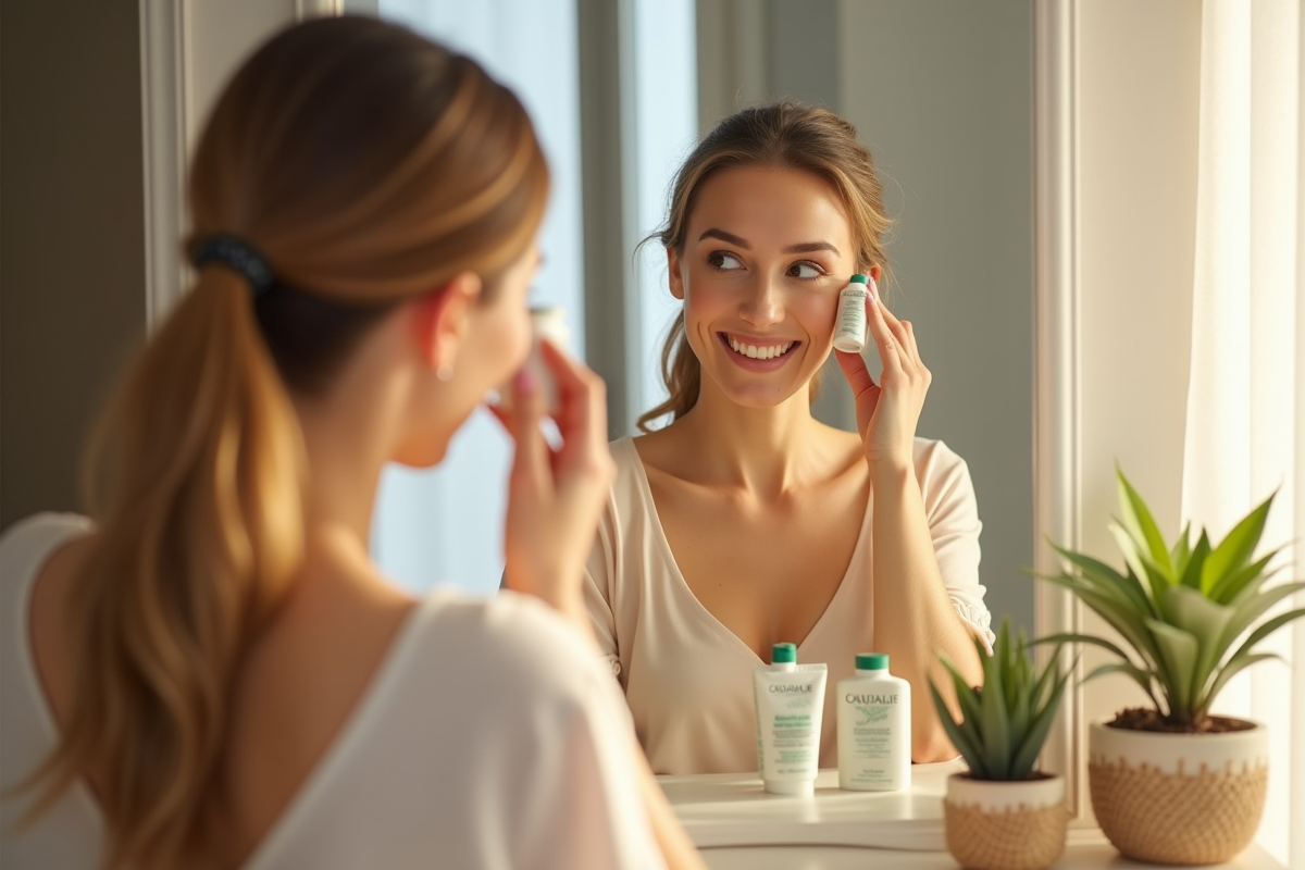 Femme appliquant une creme Caudalie devant un miroir dans une ambiance lumineuse