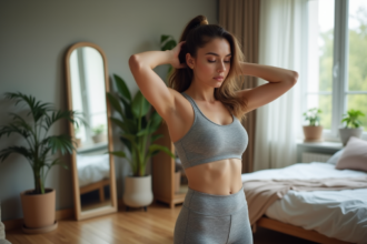 Femme confiante en tenue de sport dans une chambre moderne