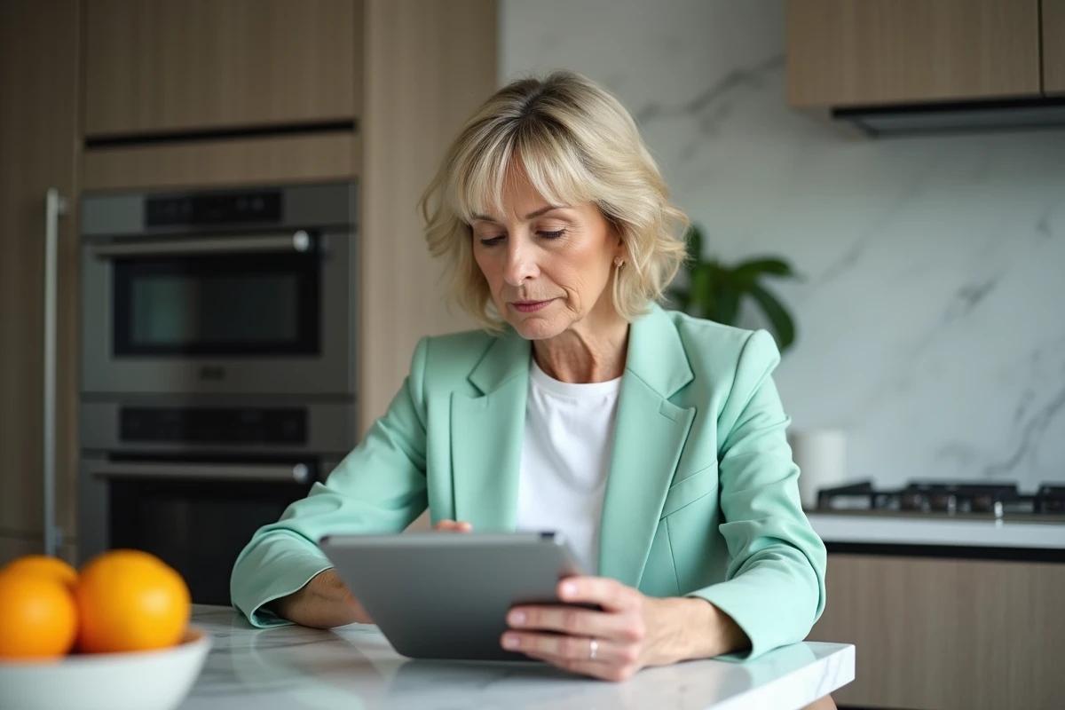 Femme confiante avec coiffure carré boule dans une cuisine moderne