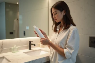 Femme examinant une bouteille de shampooing dans un bain moderne