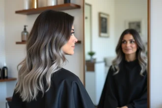 Femme de 40 ans en salon de coiffure avec un blended grey naturel alliant cheveux bruns et reflets argentés