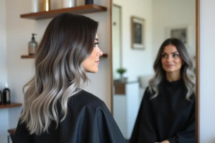 Femme de 40 ans en salon de coiffure avec un blended grey naturel alliant cheveux bruns et reflets argentés
