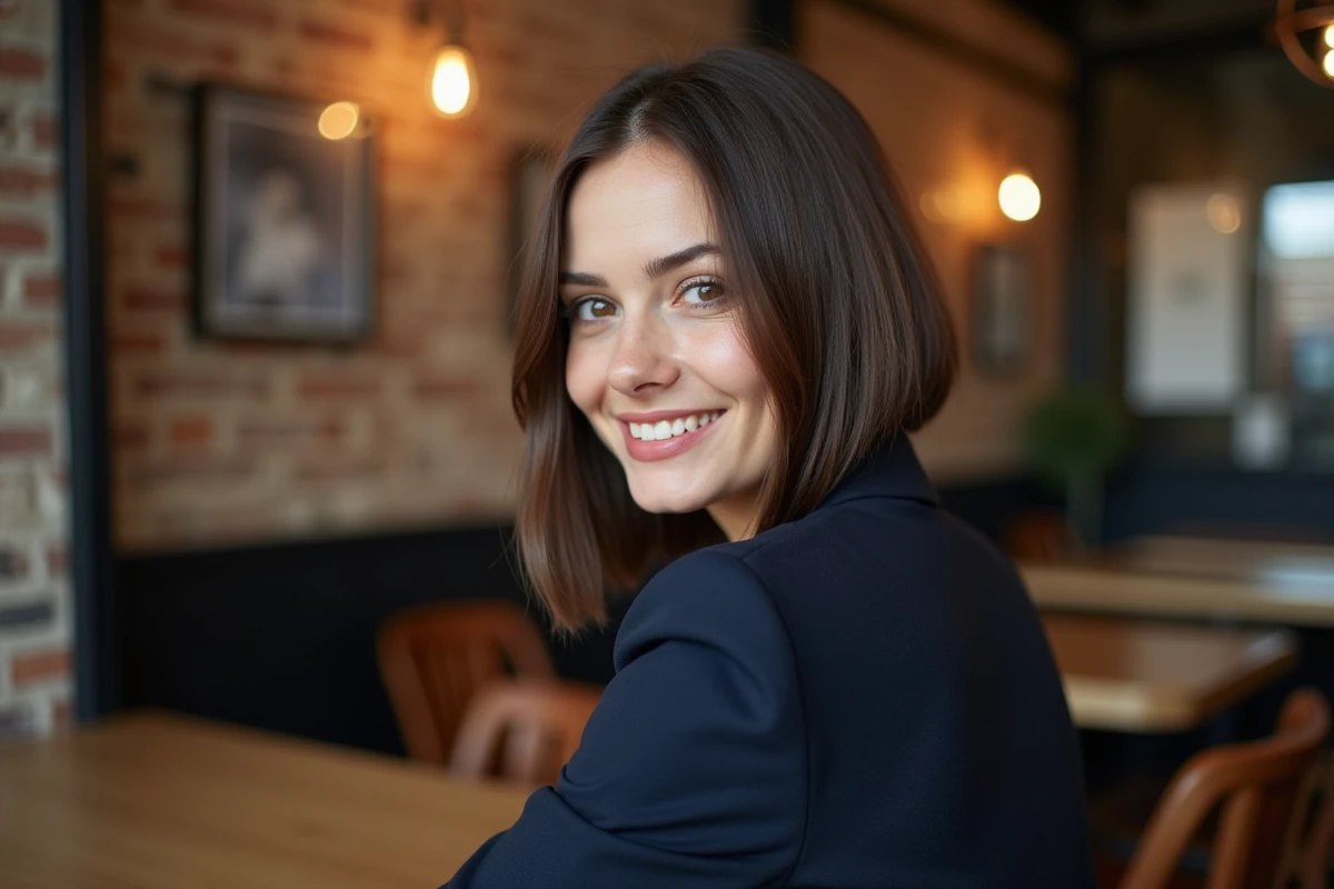 Femme souriante avec coiffure bob dans un café urbain