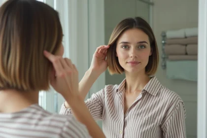 Femme en portrait avec coiffure bob dans une salle de bain lumineuse