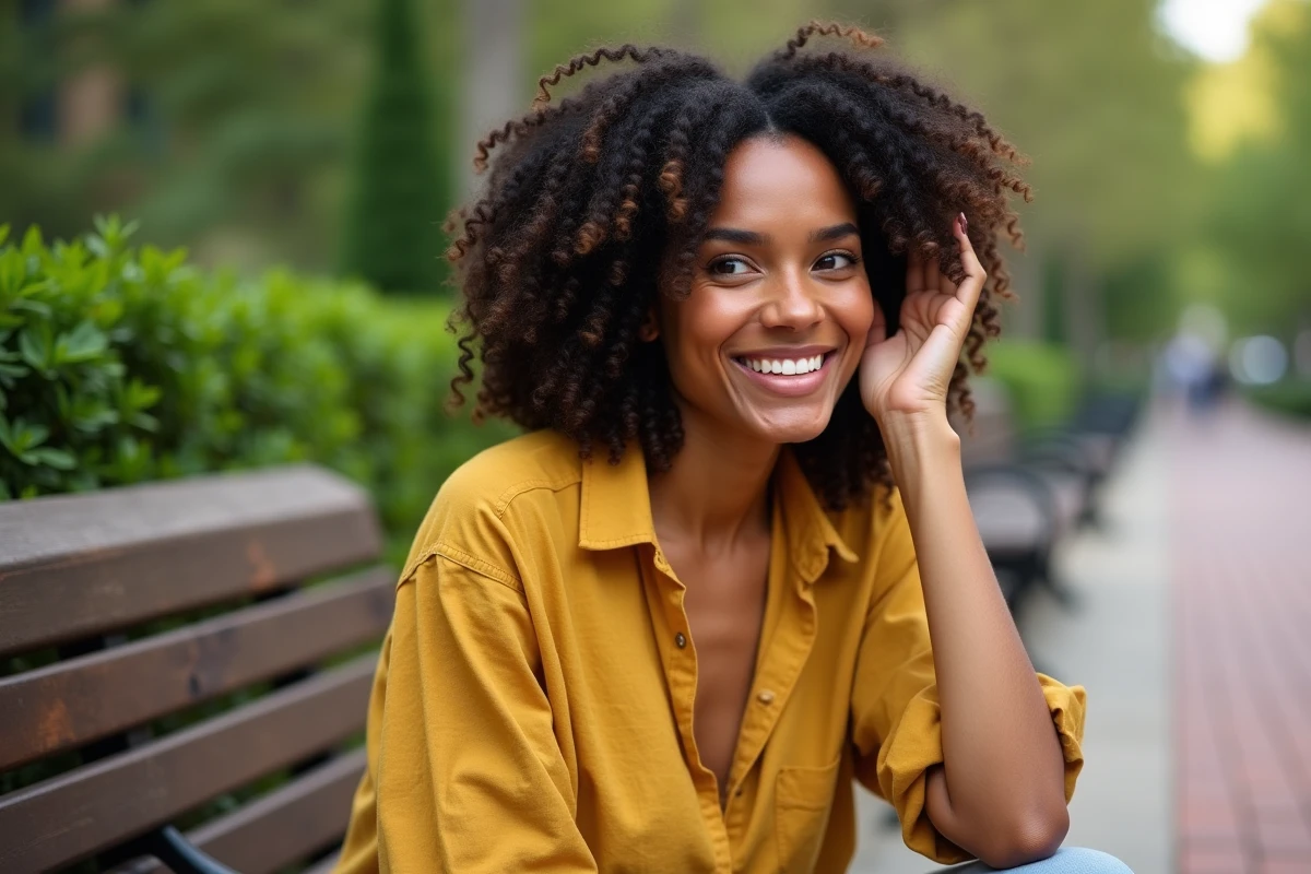 Femme aux boucles définies et brillantes dans un parc urbain après application d'un produit coiffant