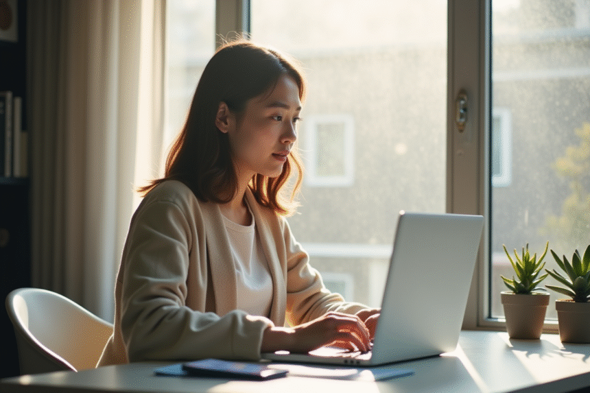 Jeune femme travaillant sur son ordinateur avec l'application Vinted