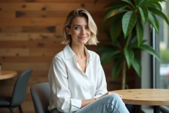 Femme au style chic avec carré dégradé dans un café moderne
