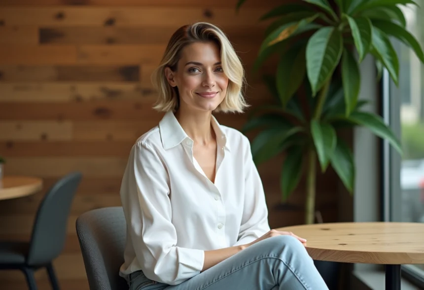 Femme au style chic avec carré dégradé dans un café moderne