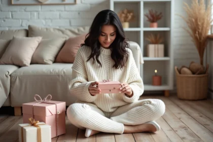 Femme ouvrant un calendrier de l'avent original posé sur un parquet en bois dans un salon scandinave cosy