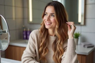 Femme aux cheveux balayage châtain clair en miroir naturel