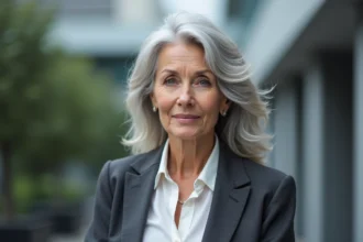 Femme aux cheveux blancs naturels et ondulés portant un blazer anthracite dans un cadre urbain moderne