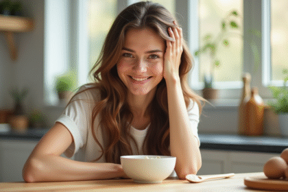Jeune femme souriante aux cheveux brillants avec levure de bière