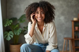 Portrait d'une femme aux cheveux bouclés en wolfcut naturel