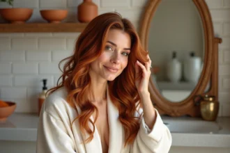 Femme aux cheveux colorés au henné naturel dans une salle de bain aux tons chauds