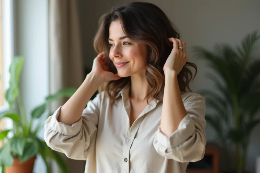 Femme aux cheveux ondulés et volumineux près d'une fenêtre