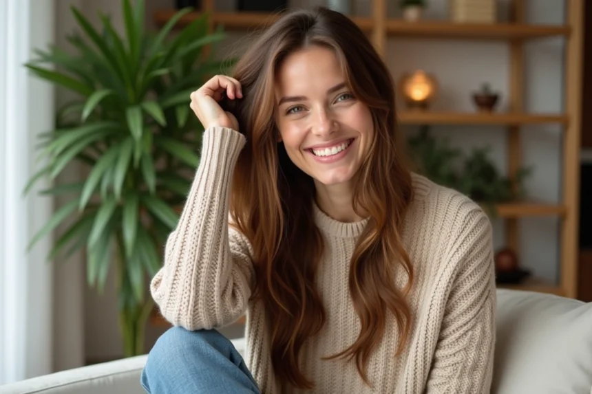Femme aux cheveux longs et ondulés dans un salon cosy