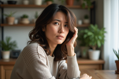 Femme en réflexion touchant ses cheveux dans la cuisine