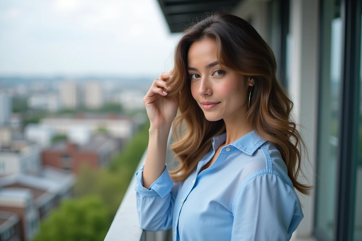 Femme avec cheveux longs en extérieur sur un balcon urbain