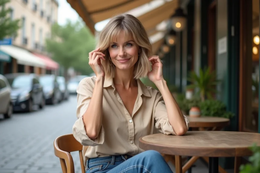 Femme élégante avec coiffure carré boule en terrasse urbaine