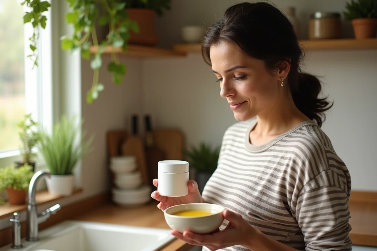 Femme tenant de l'huile d'olive et une crème hydratante dans une cuisine, hésitation entre soins naturels et cosmétiques classiques