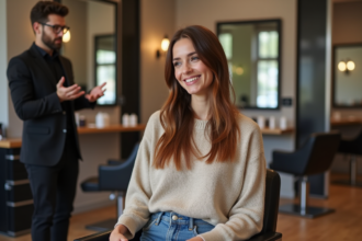Femme souriante avec cheveux texturés dans un salon moderne