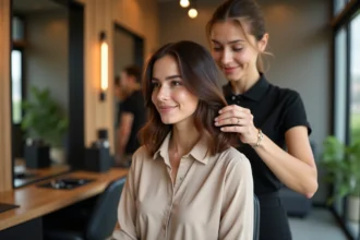 Femme souriante en salon de coiffure moderne
