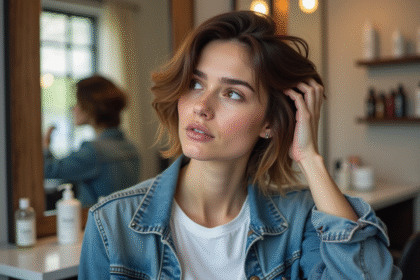 Femme regardant son reflet dans un salon de coiffure moderne