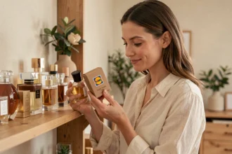 Femme comparant un parfum Lidl à un parfum de luxe devant une étagère de flacons élégants, stratégie anti-inflation pour les amoureux de parfums