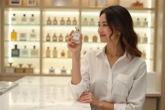 Femme comparant des flacons de parfum dans une boutique de cosmétiques moderne, alternative à Sephora